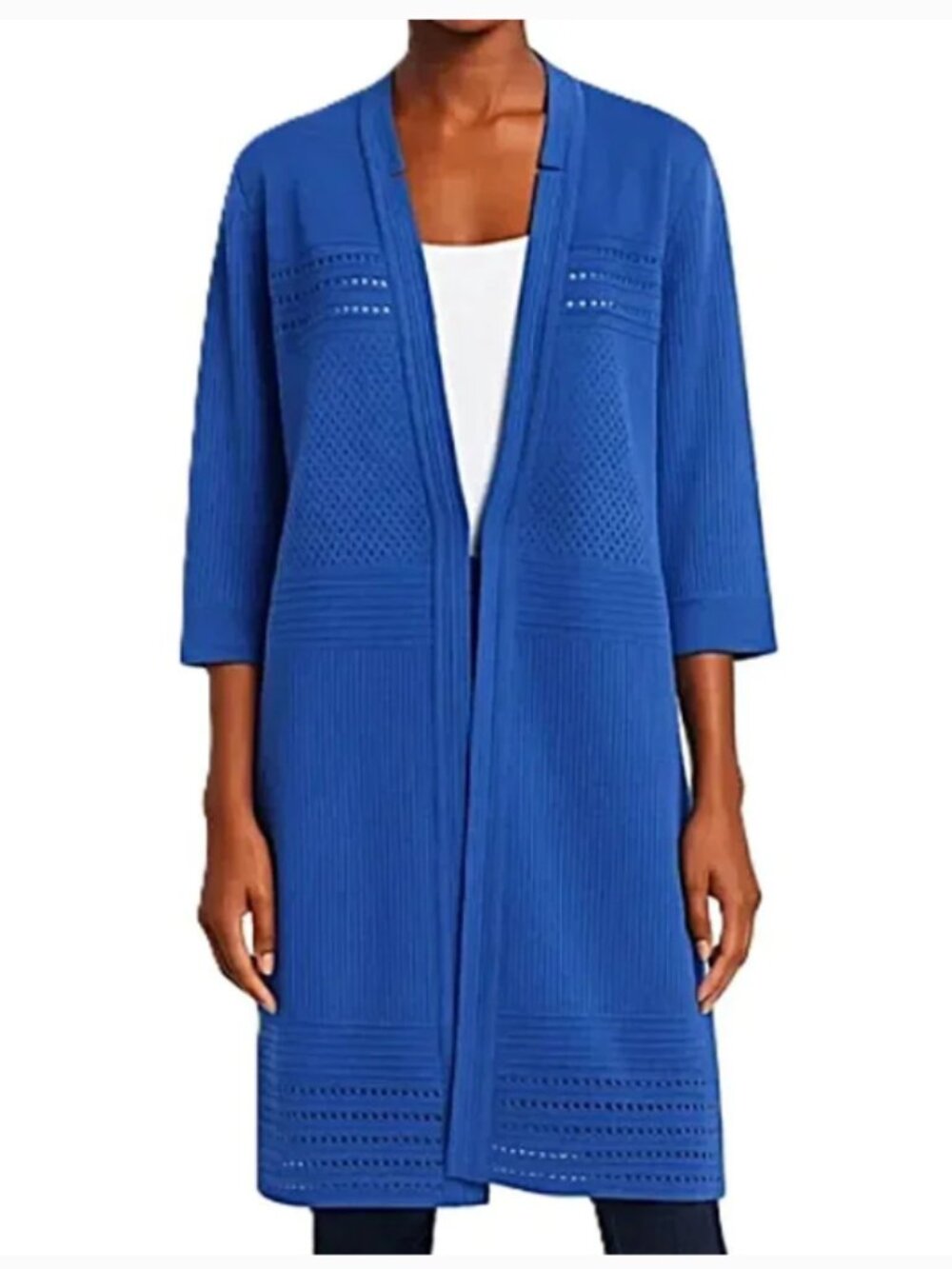Misook Blue Open Front Knit Cardigan With Mesh And Eyelet size L